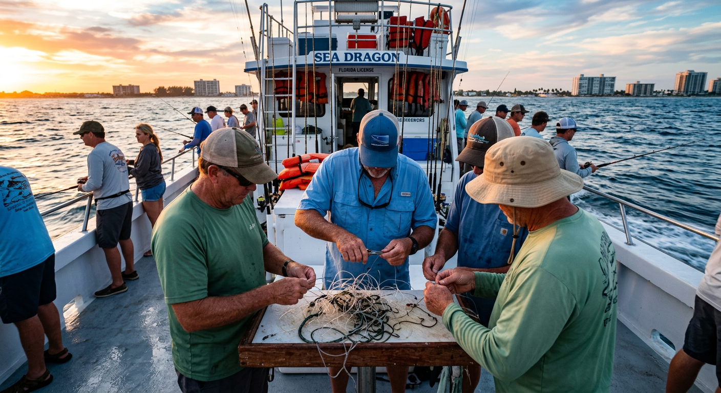 Anglers untangling tangled fishing lines on a crowded charter boat off the Florida coast