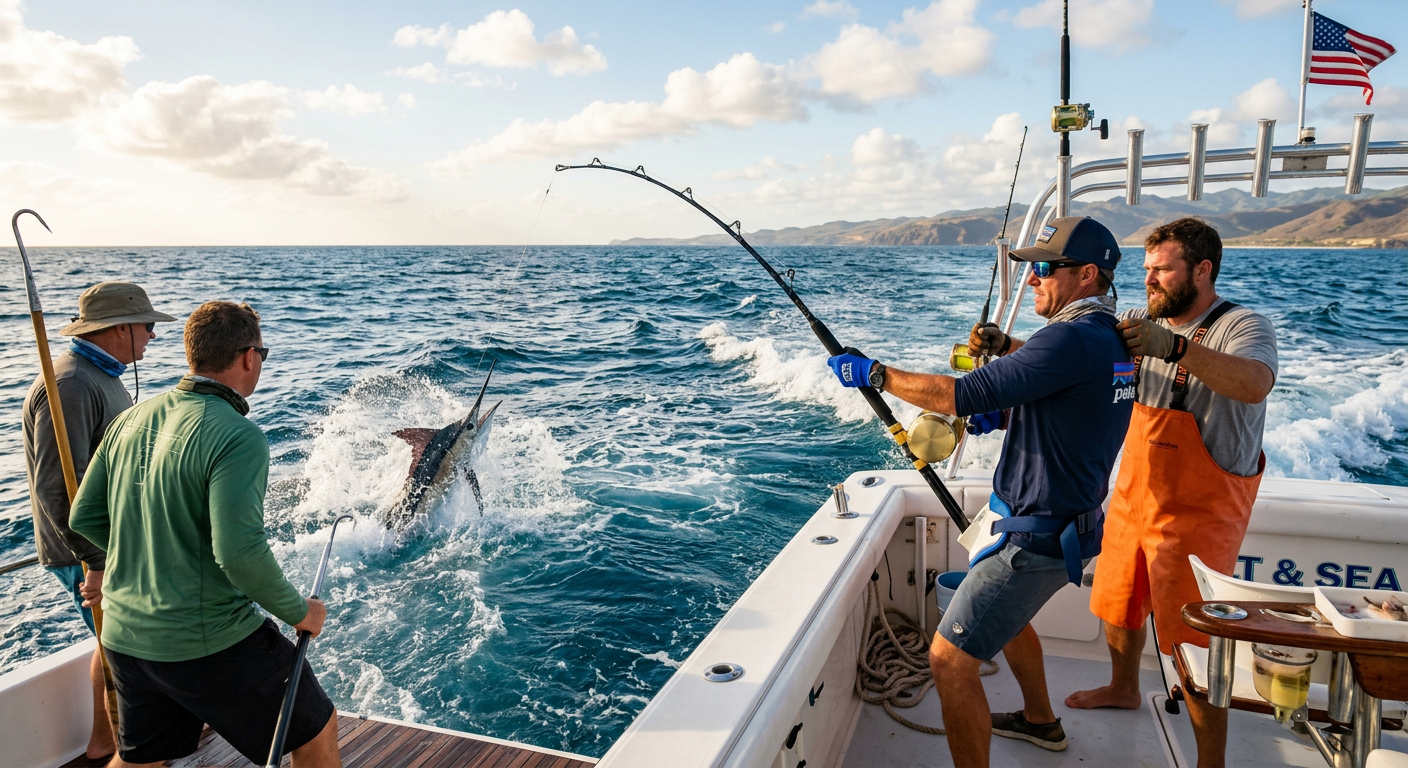 Anglers standing on a charter boat offshore fighting a large fish on heavy tackle