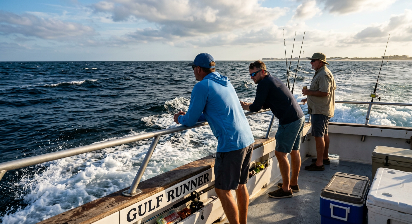 Anglers leaning against the rail of a charter boat riding through dark blue choppy Gulf waters in Florida
