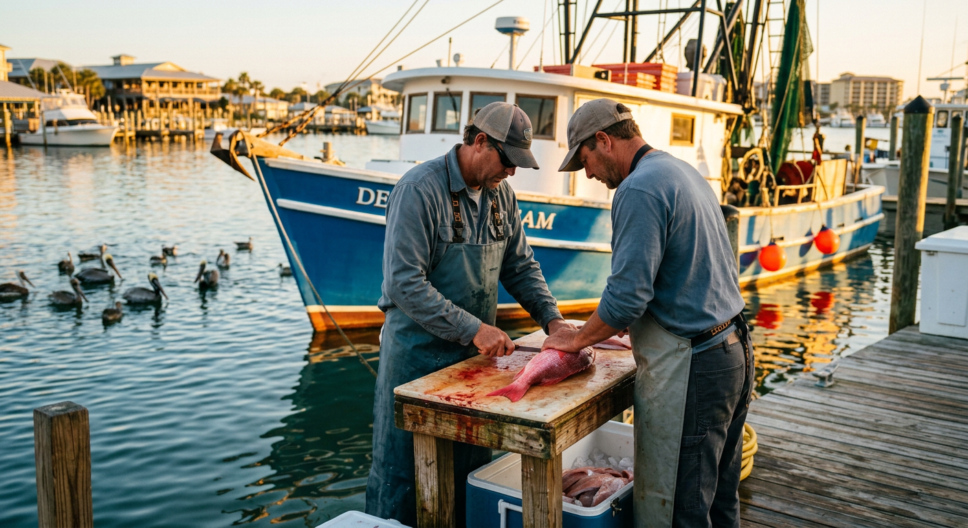 Deckhand filleting fresh caught red snapper on a wooden dock beside a fishing boat in Destin harbor