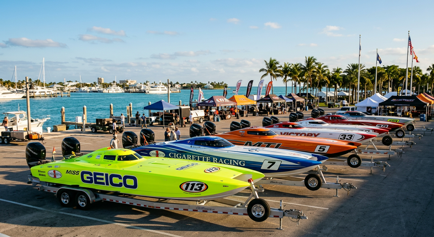 High-performance offshore racing boats lined up on trailers in the Truman Waterfront pits