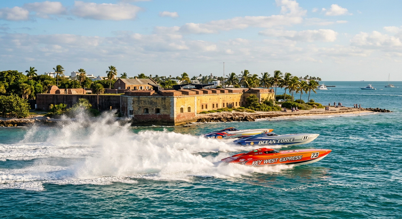 Power boats racing past Fort Zachary Taylor State Park in Key West, kicking up heavy white saltwater spray
