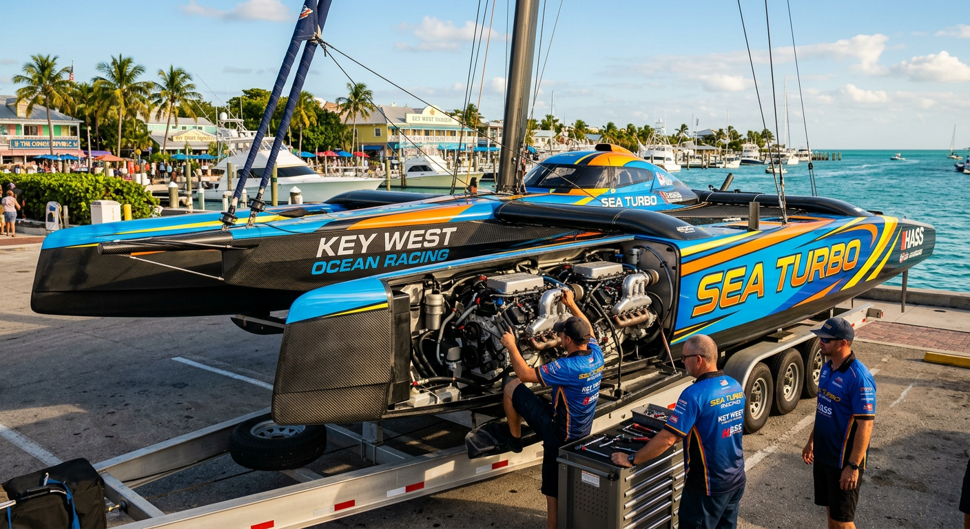 Pit crew mechanics making engine adjustments on a giant racing catamaran parked on a trailer in Key West