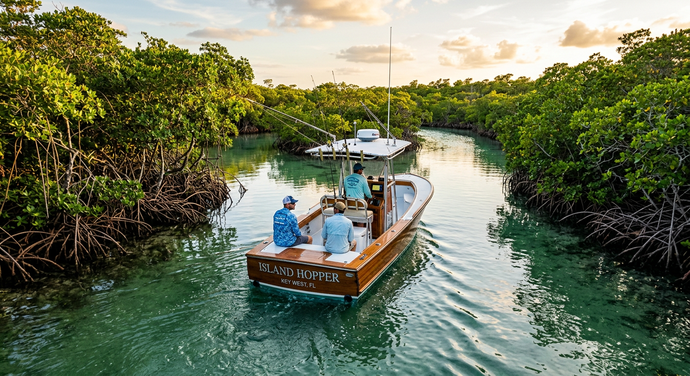 A sport fishing charter boat navigating a narrow mangrove channel in the Florida Keys