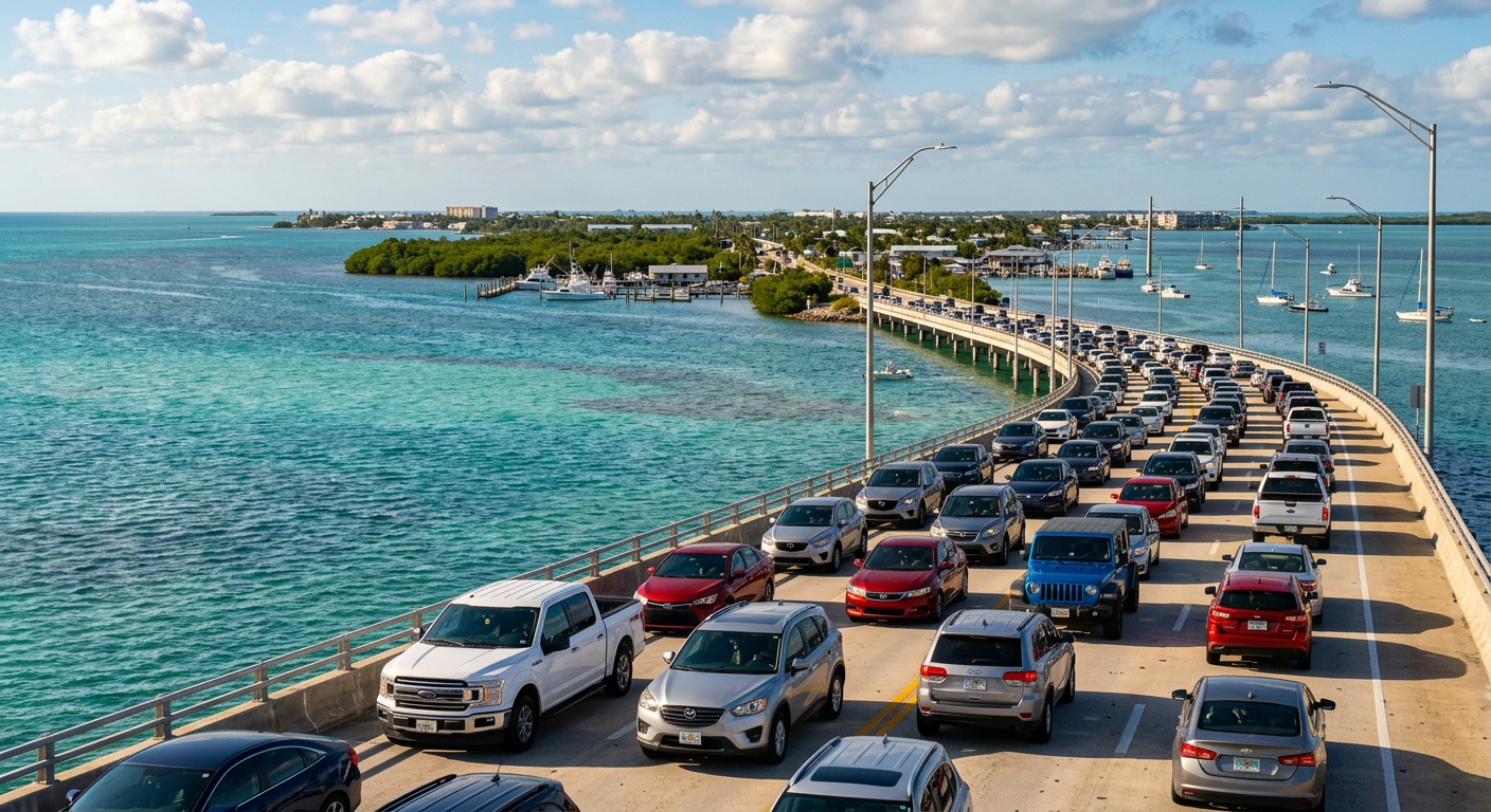 Cars lined up bumper-to-bumper on the Overseas Highway near Stock Island with blue ocean water in the background during a busy Florida afternoon