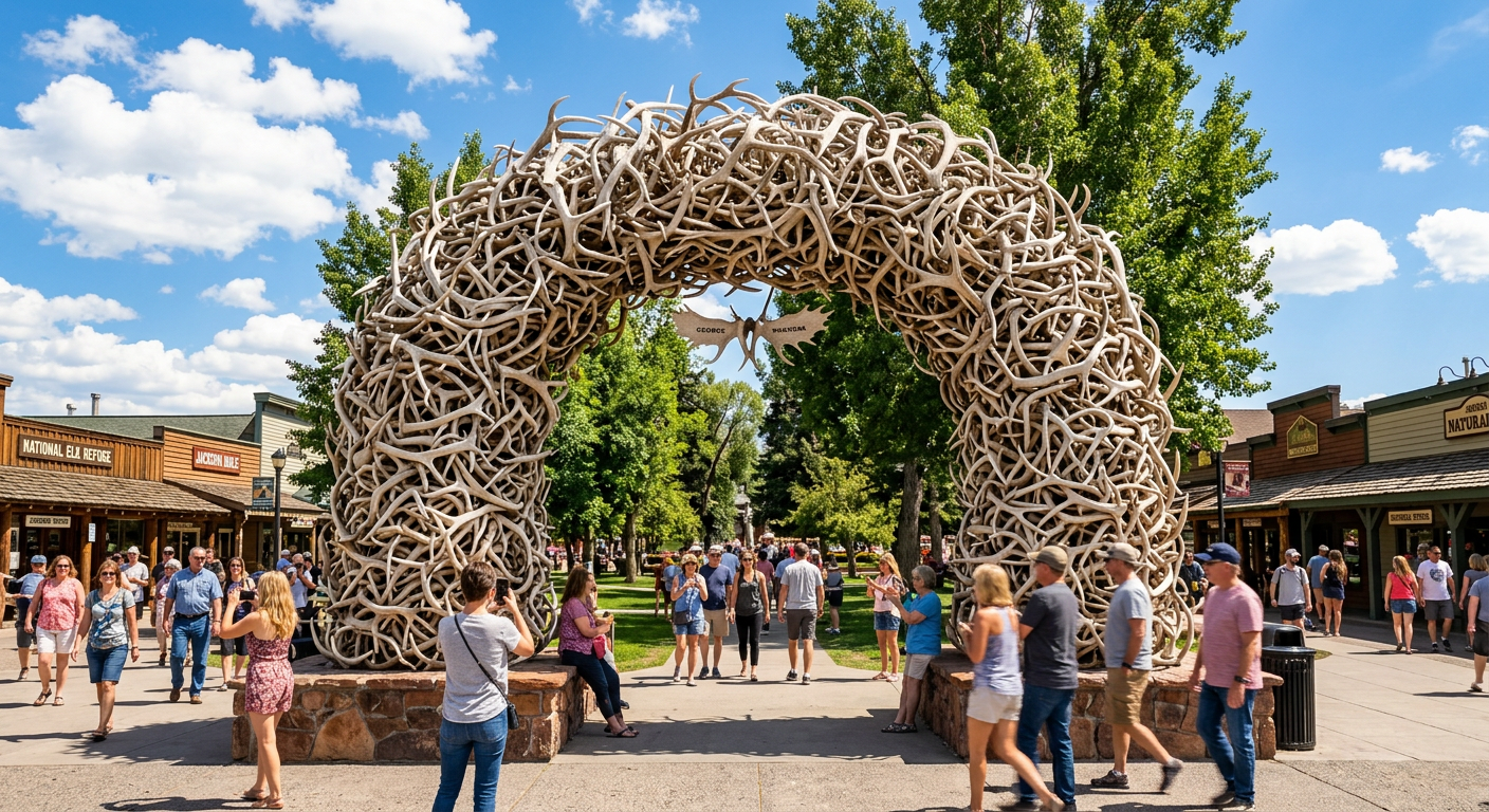 The famous elk antler arches in downtown Jackson town square surrounded by summer visitors