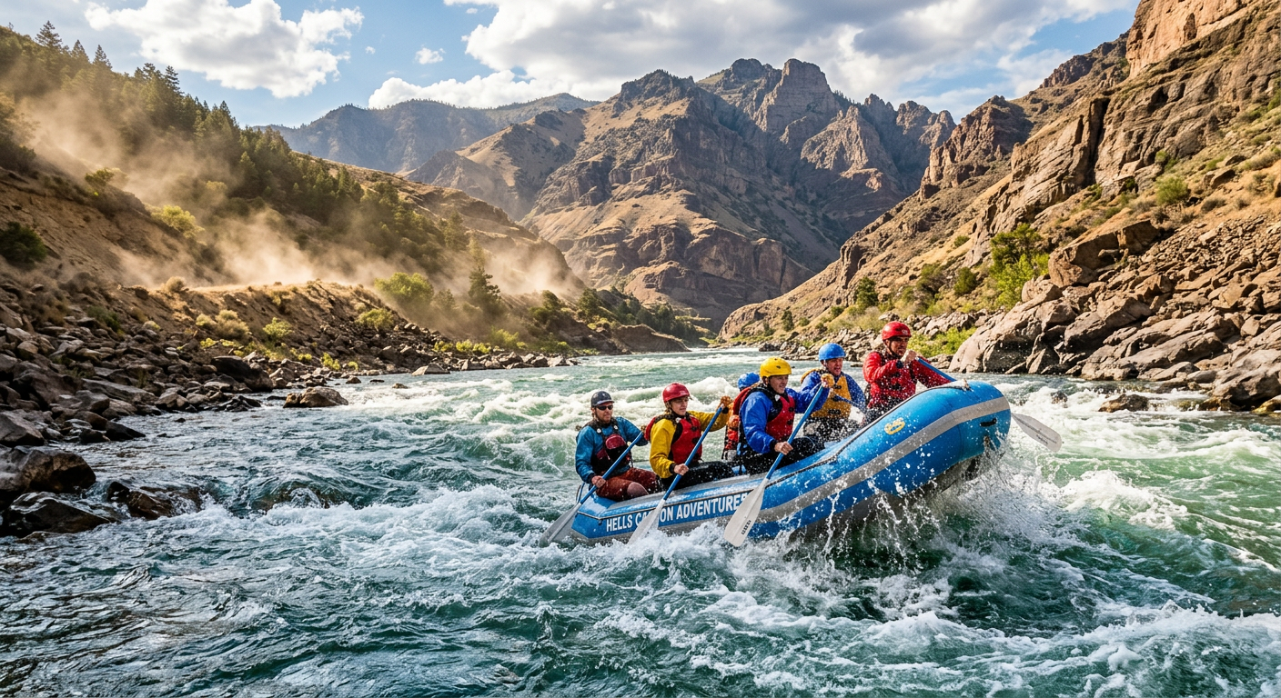 A river raft navigating choppy afternoon waters on the Snake River as wind kicks up dust along the banks