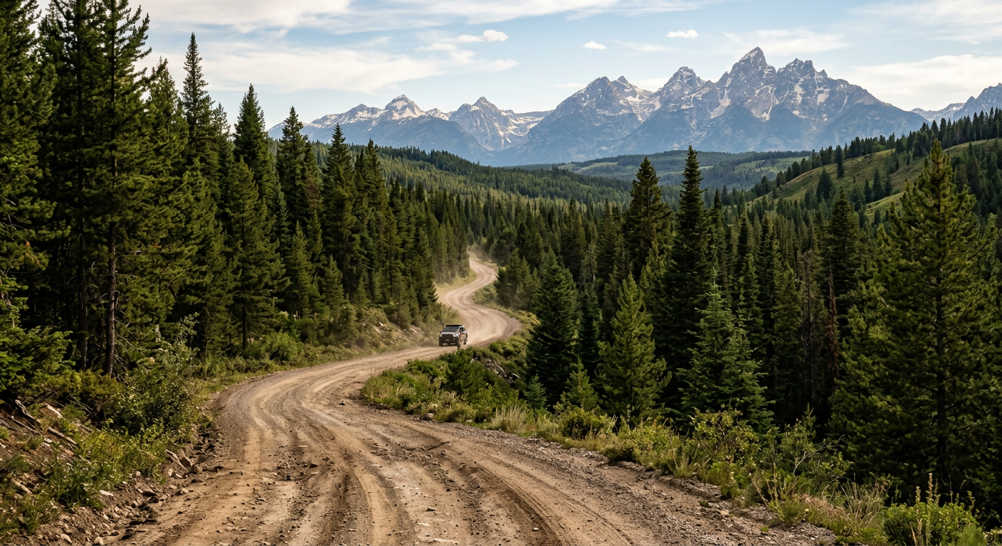 A dusty, rutted dirt road winding deep into Bridger-Teton National Forest with dense pines on either side