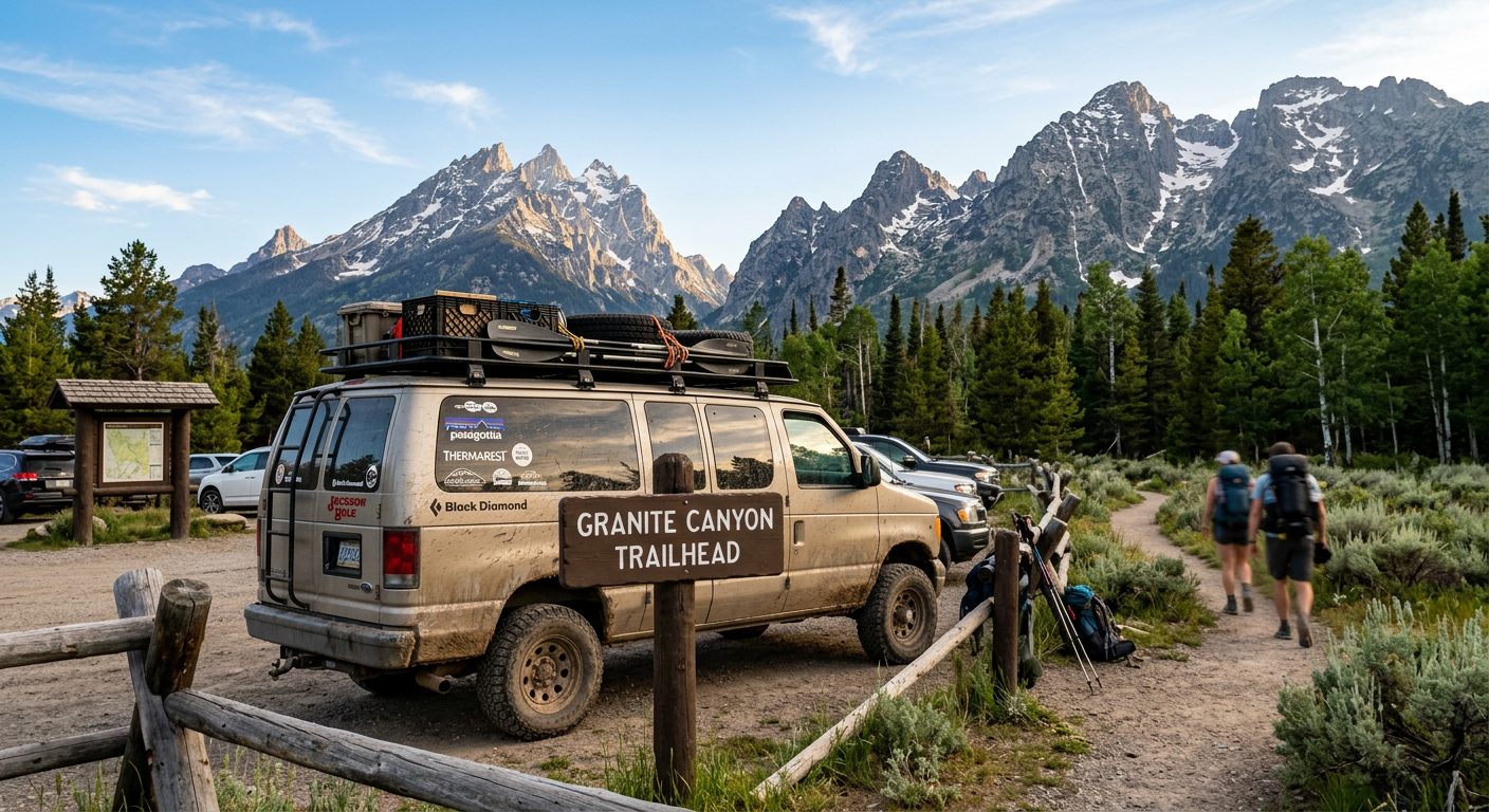 A mud-splattered outfitter van parked next to a mountain trailhead in Jackson Wyoming