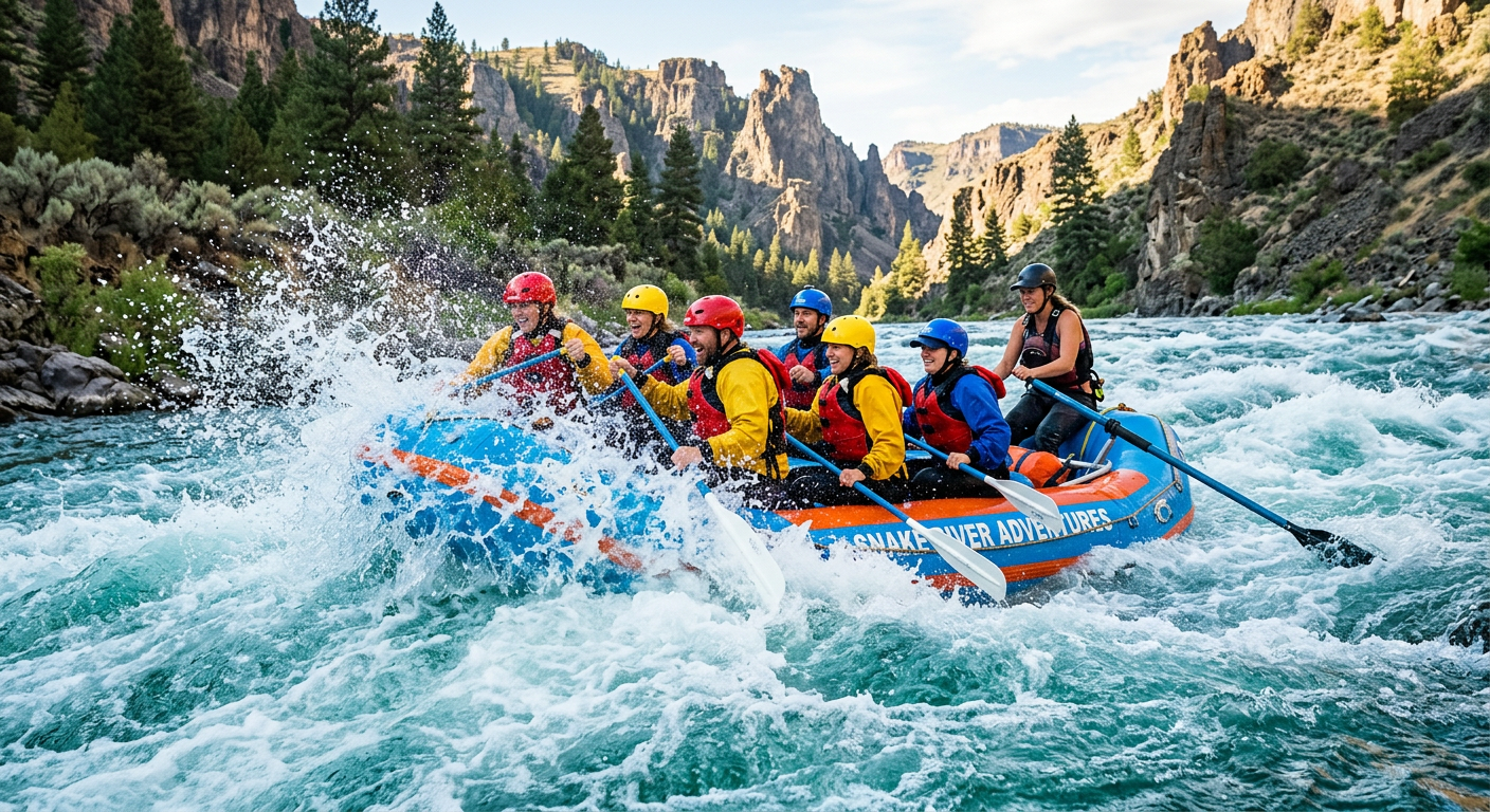 Whitewater rafters getting sprayed by cold turquoise water on the Snake River