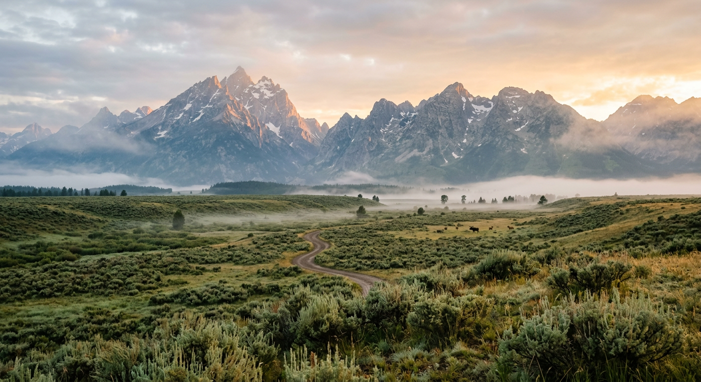 A quiet, misty morning overlooking a vast sagebrush flat in Grand Teton National Park