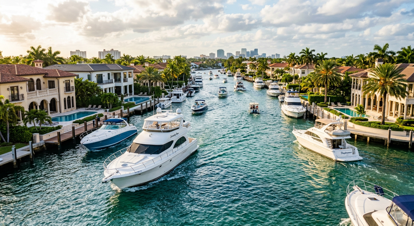 Boats navigating the congested channels of Fort Lauderdale's Intracoastal Waterway past waterfront mansions