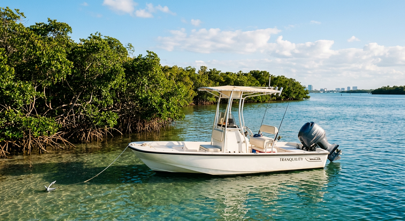 A small center console boat anchored near a quiet mangrove shoreline in Fort Lauderdale