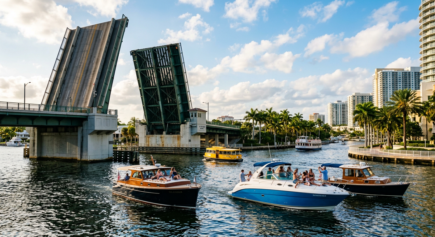 Small boats idling below an open bascule drawbridge on the New River in Fort Lauderdale