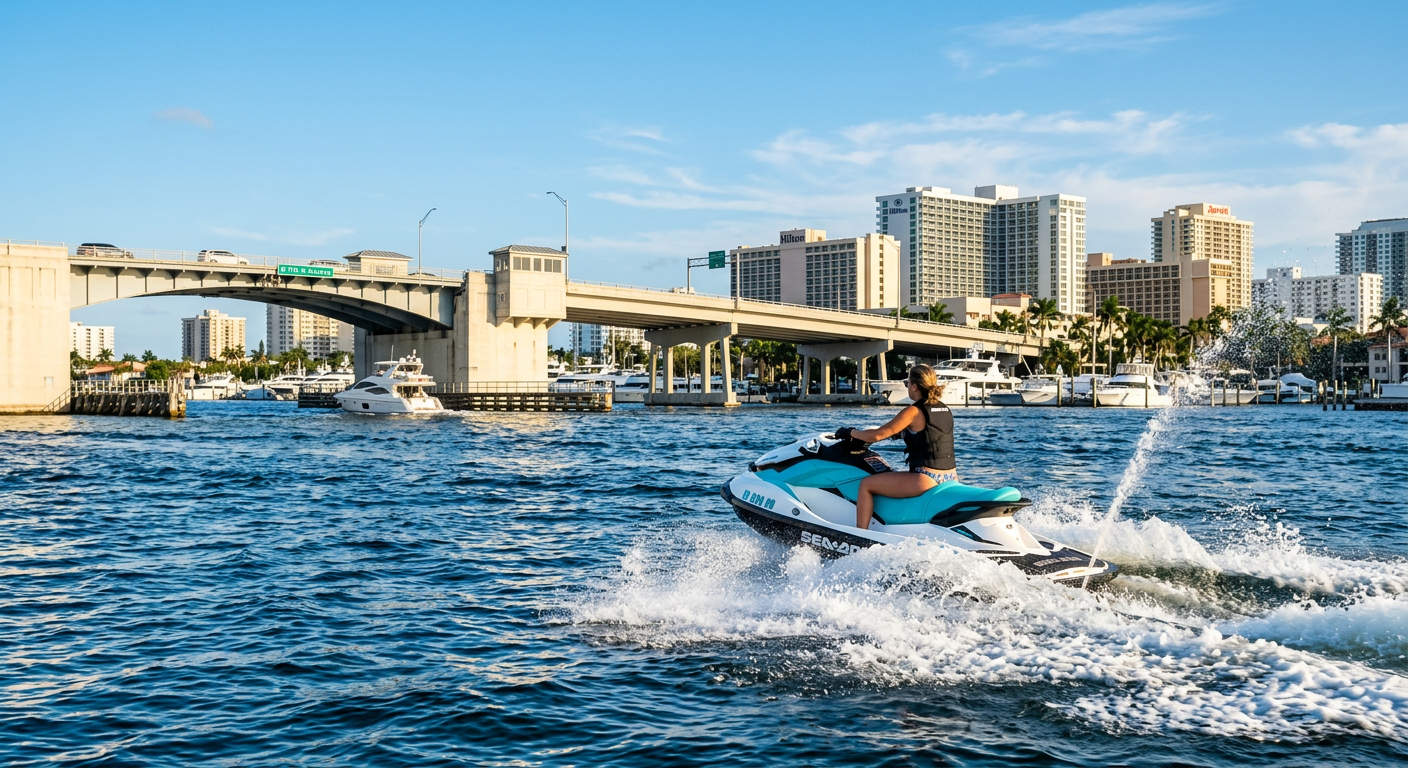 A person riding a jet ski in the blue water of the Intracoastal Waterway near the Fort Lauderdale bridge