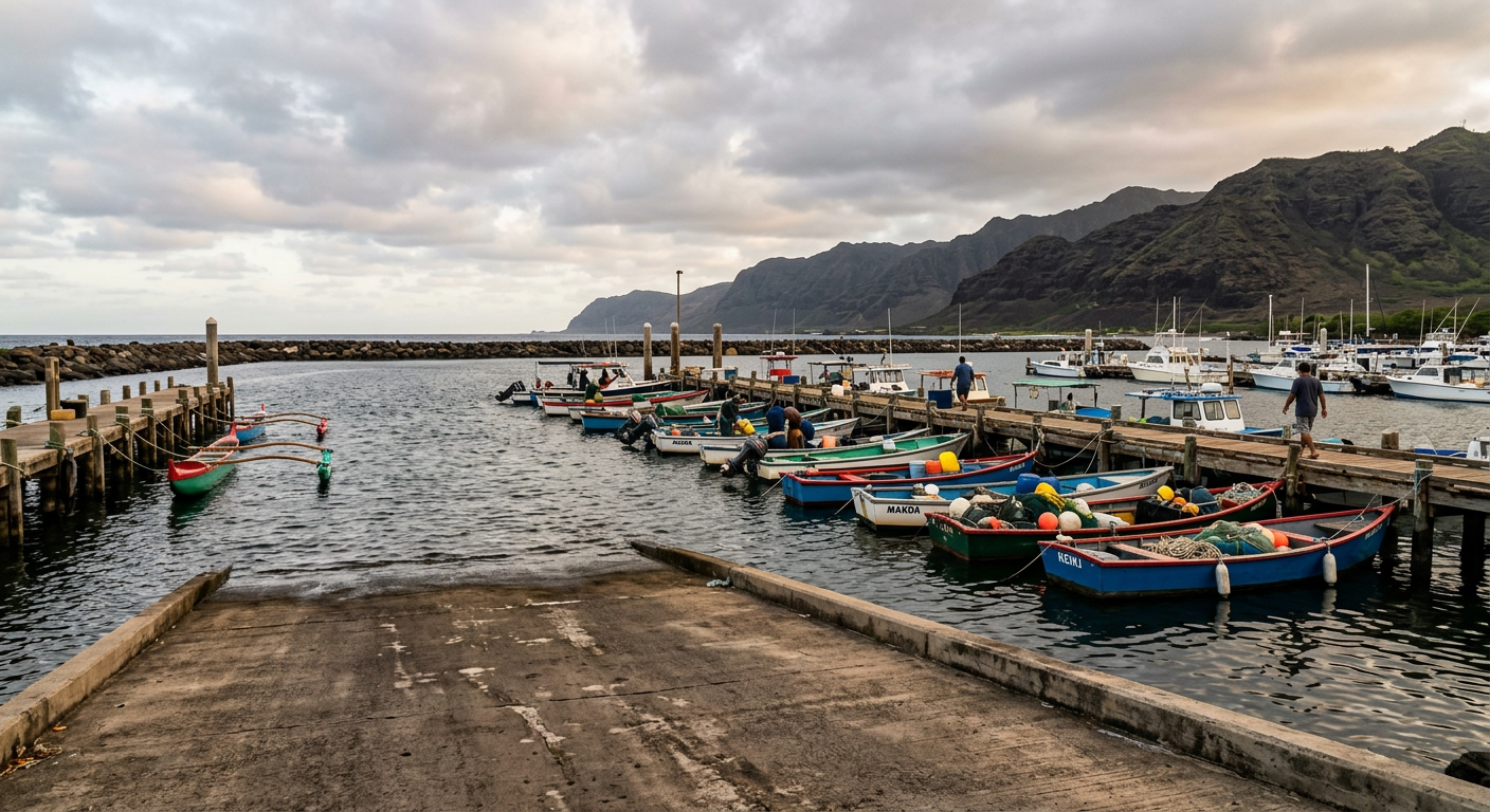 A concrete boat ramp at Waianae Harbor with small fishing boats tied to the dock under a gray morning sky