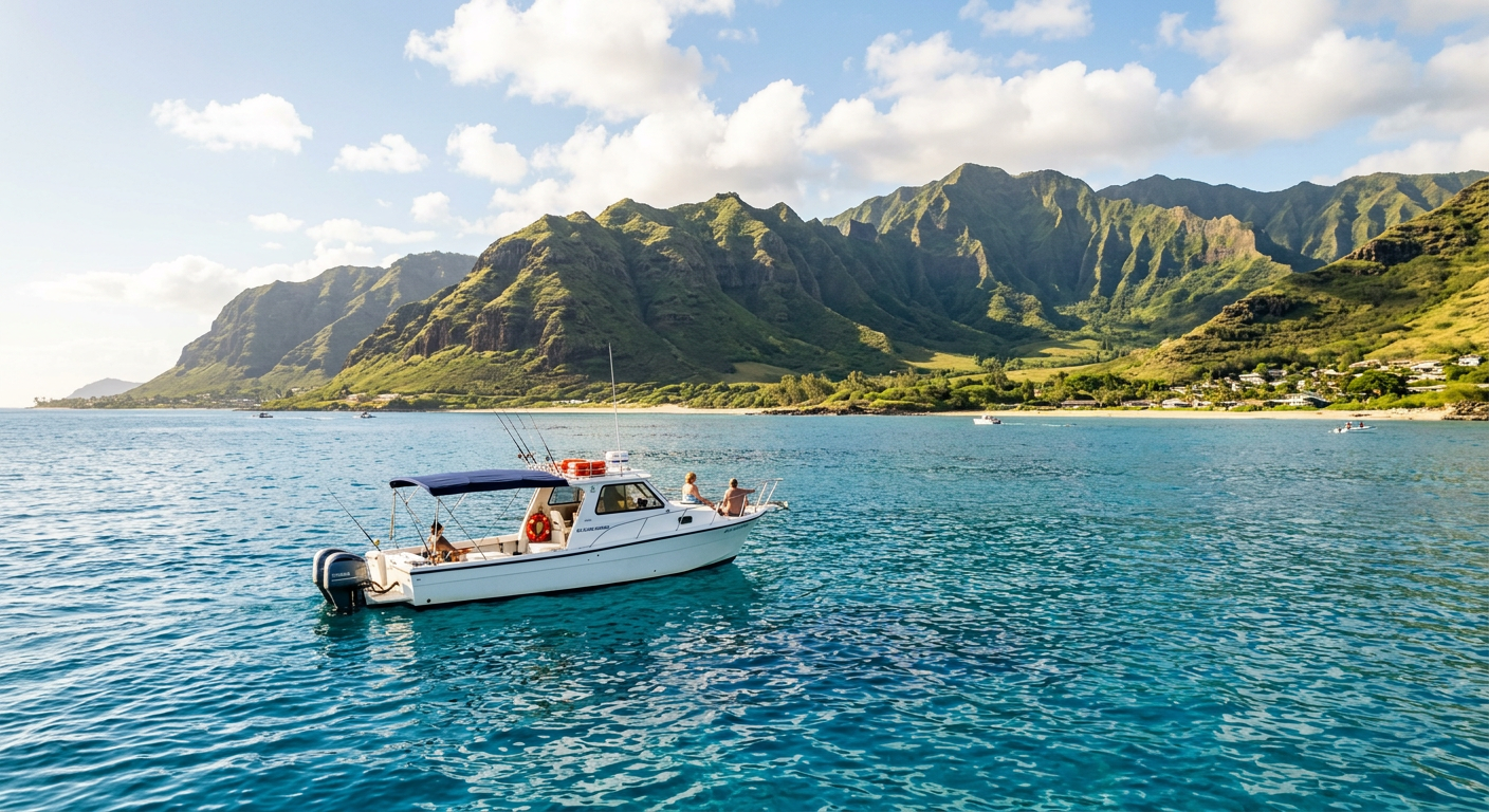 A small charter boat idling on the calm blue waters of the Pacific Ocean off the Waianae coast