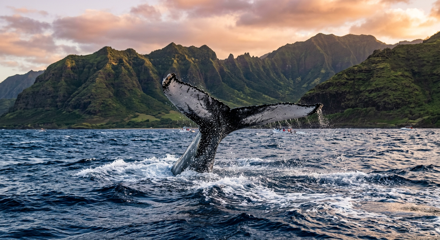 A humpback whale tail fluke disappearing into the dark blue ocean off the Waianae coast