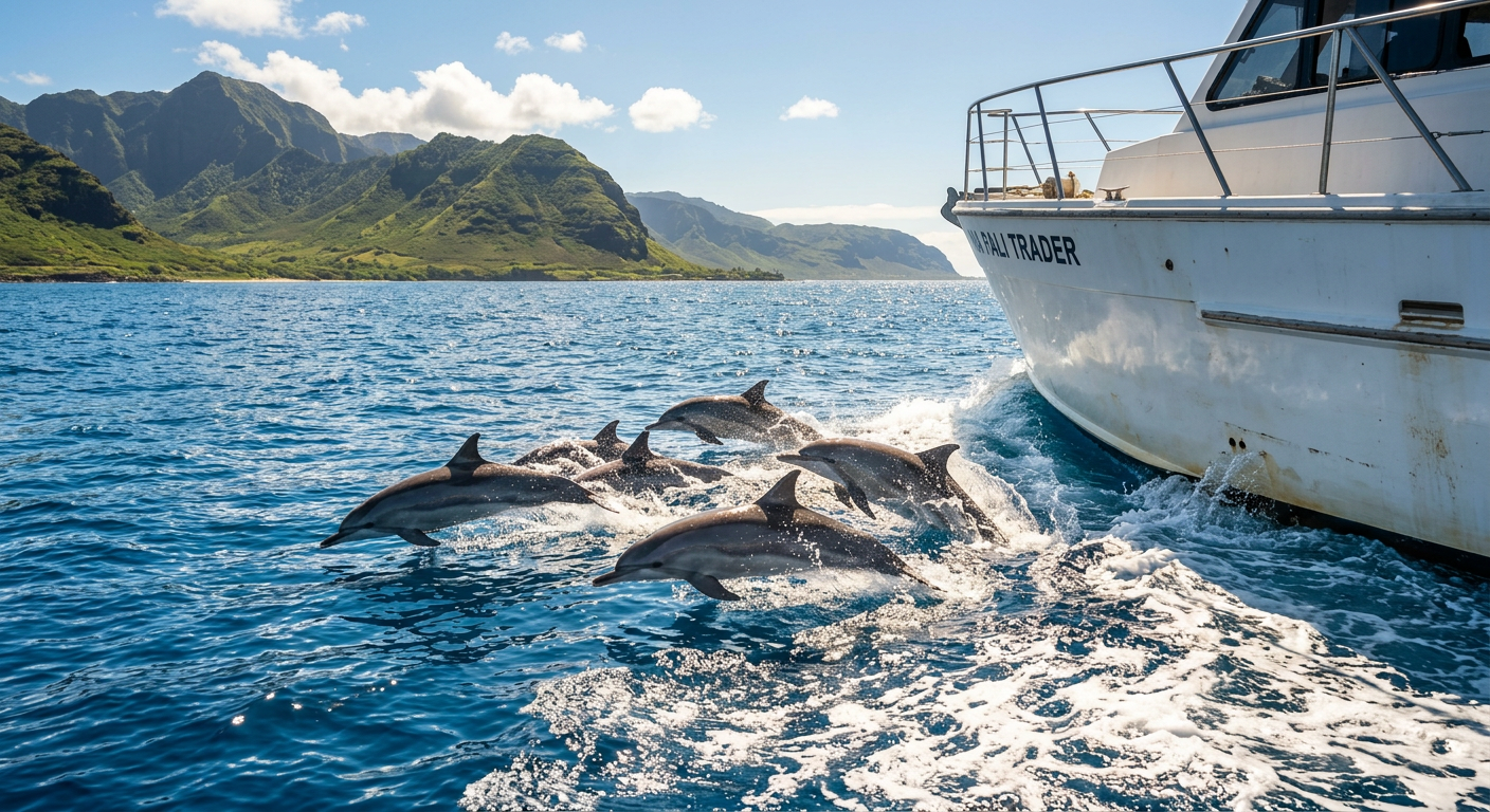 A pod of spinner dolphins swimming rapidly alongside a white boat hull in the blue waters off Waianae