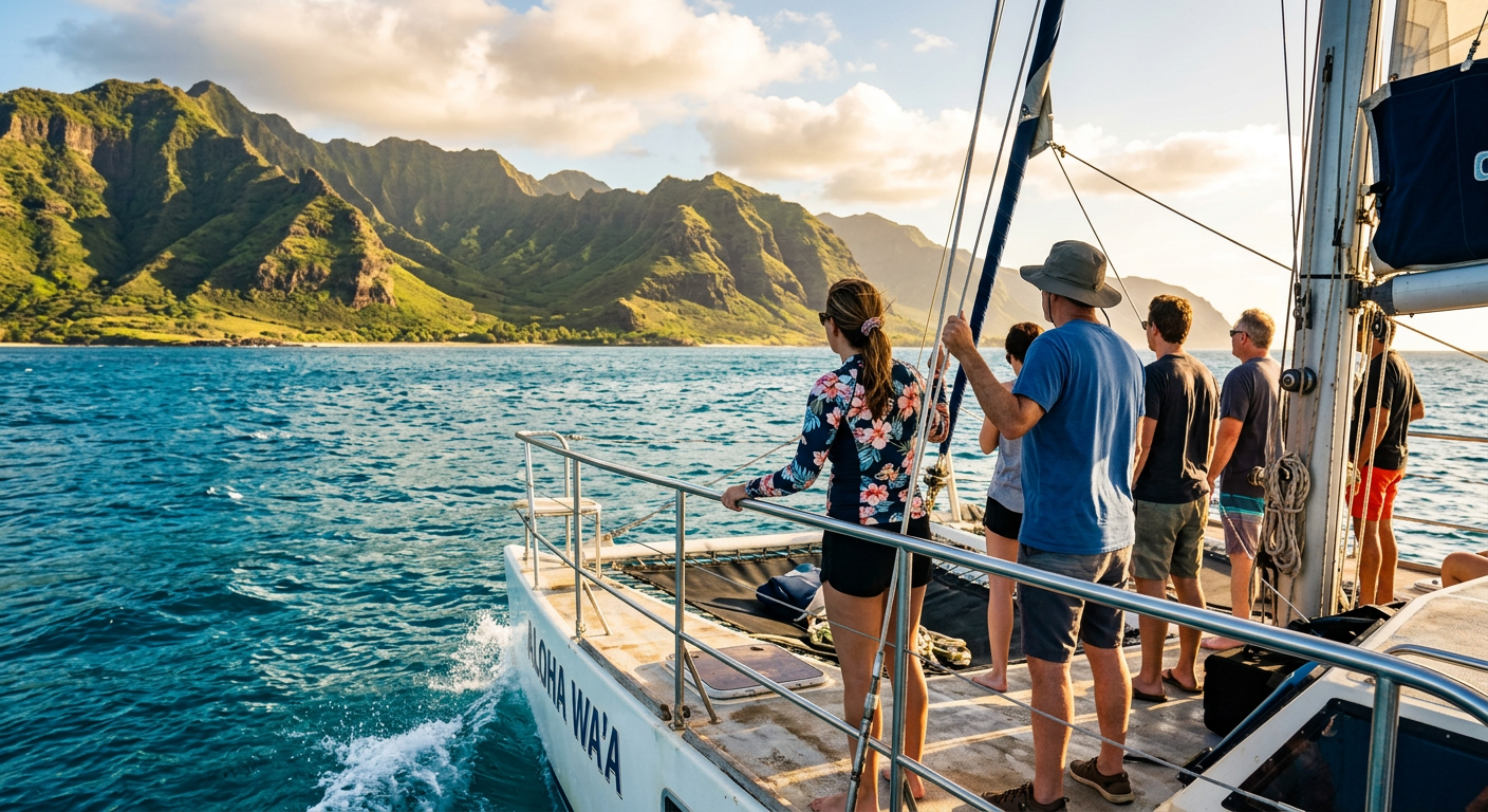Passengers gripping the railing on a catamaran off the Waianae coast