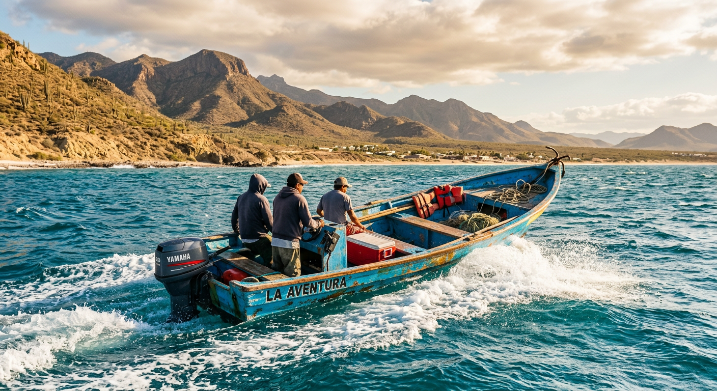 A rugged panga boat navigating choppy water off the coast of La Ventana