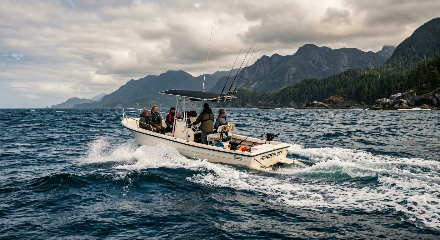 A small center-console boat navigating choppy, deep blue ocean water under overcast skies
