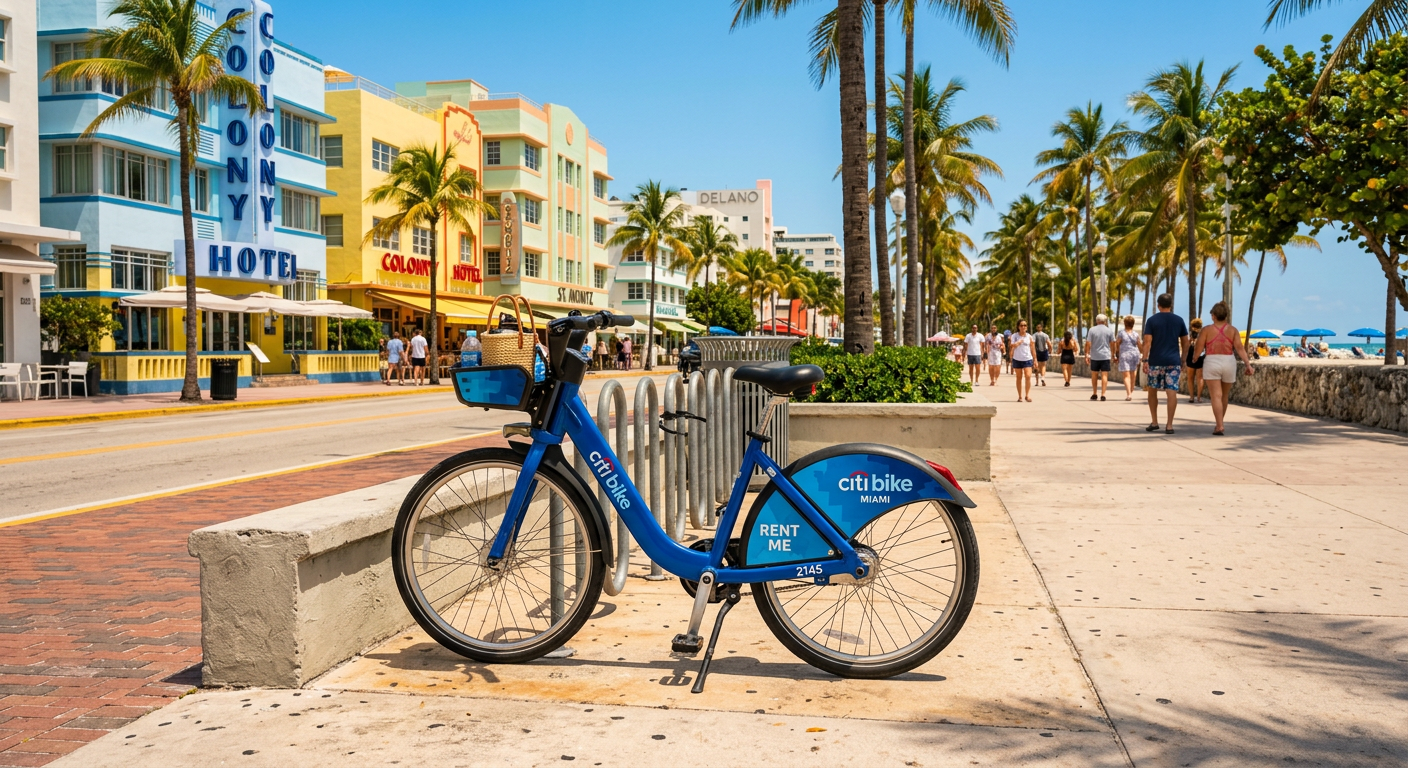A blue rental bicycle parked on a sunny concrete sidewalk in South Beach Miami