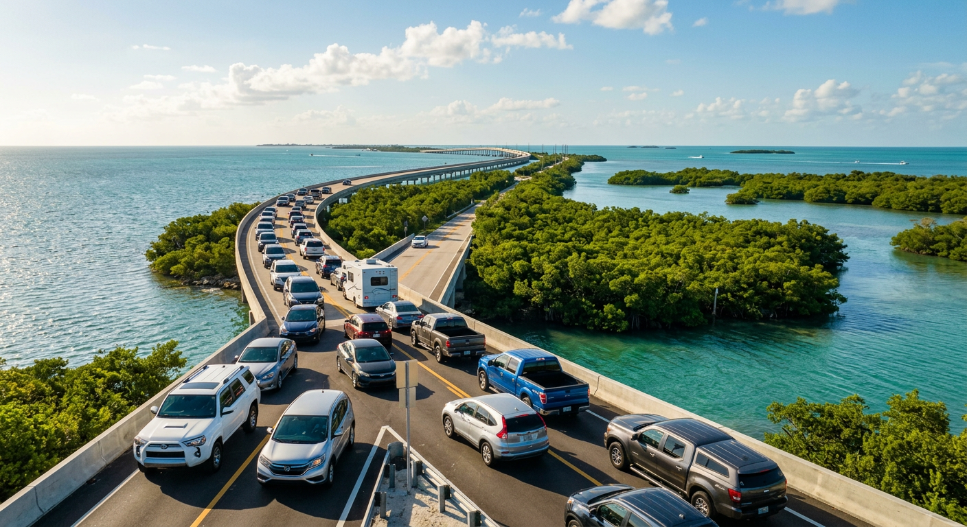 Cars lined up on the single-lane Overseas Highway surrounded by mangroves and water