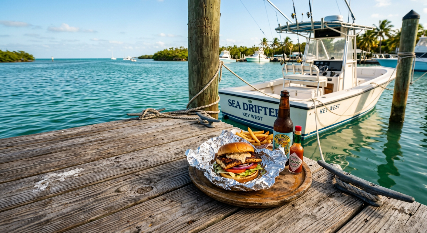 A foil-wrapped fish sandwich sitting on a weathered wooden dock in the Florida Keys next to a boat