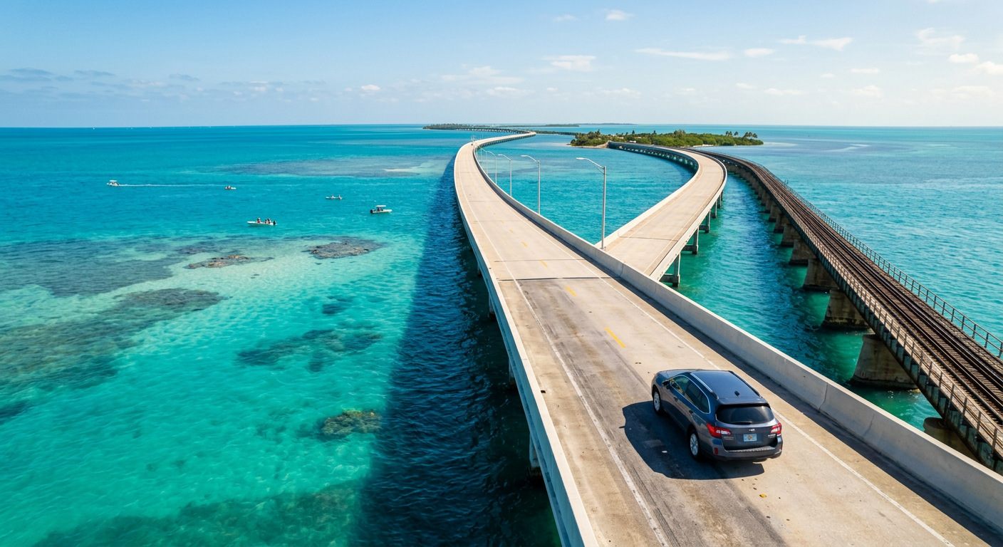 A car driving over the Seven Mile Bridge surrounded by bright turquoise ocean waters