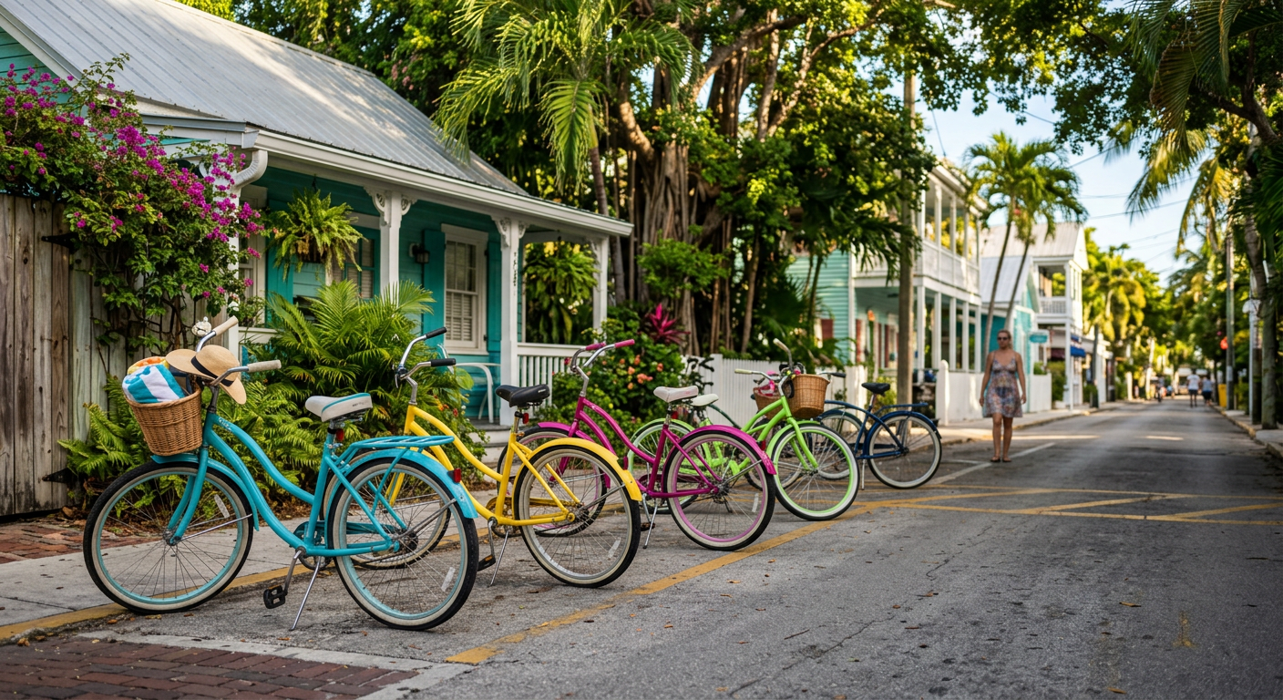 A row of colorful beach cruiser bicycles parked along a narrow, shaded street in Key West