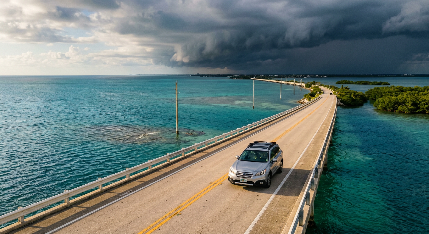 A car driving north on the Overseas Highway with dark storm clouds gathering over the mainland in the distance