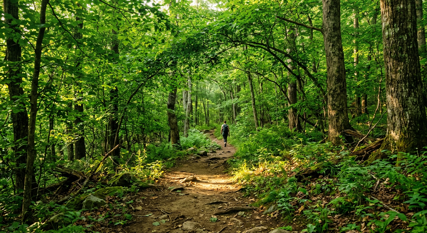 Thick green canopy over a dirt hiking trail in the Appalachian mountains with dappled sunlight hitting the forest floor