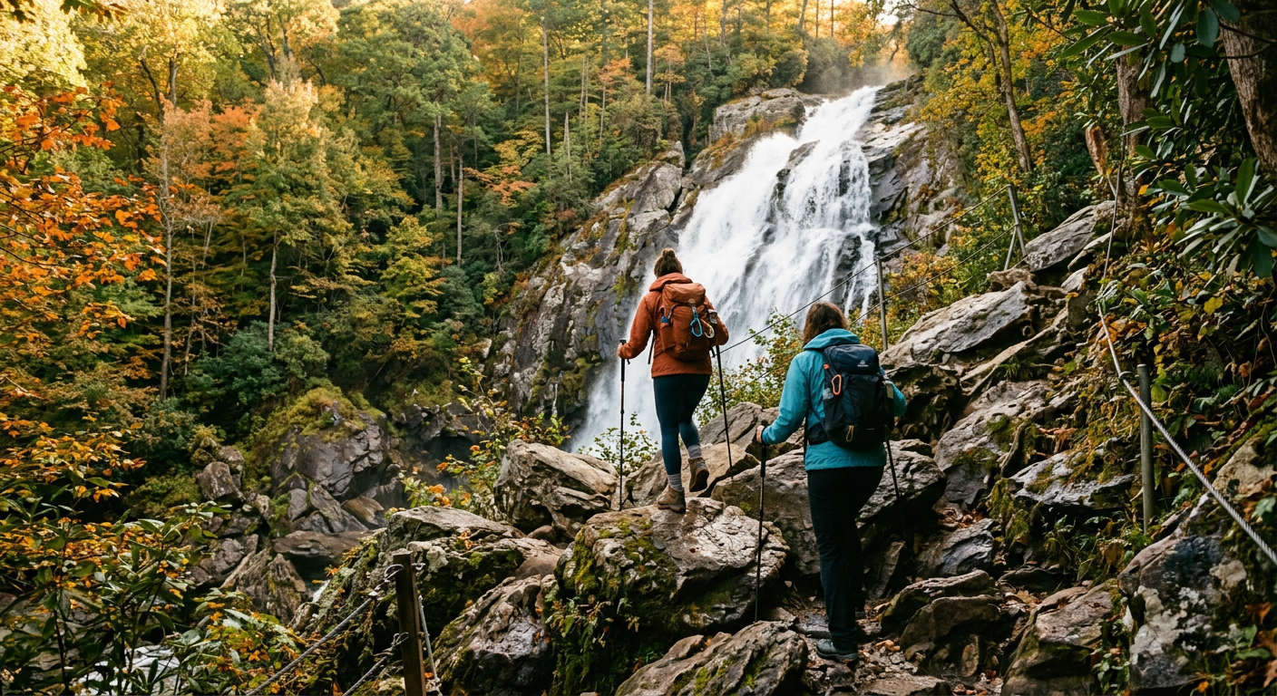 Hikers navigating a steep, rocky trail toward a rushing waterfall in the Blue Ridge Mountains