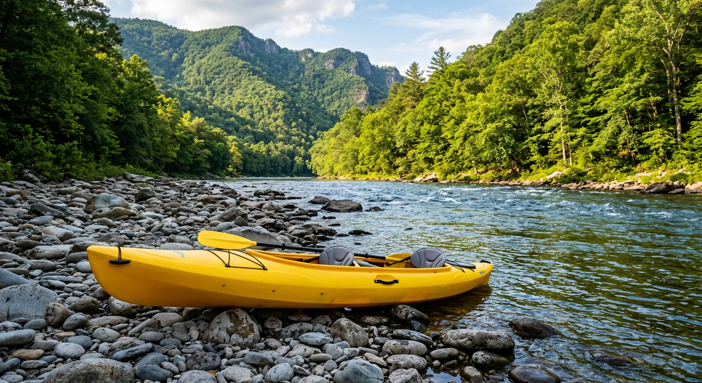 A yellow plastic kayak rests on smooth grey river stones next to an Appalachian river