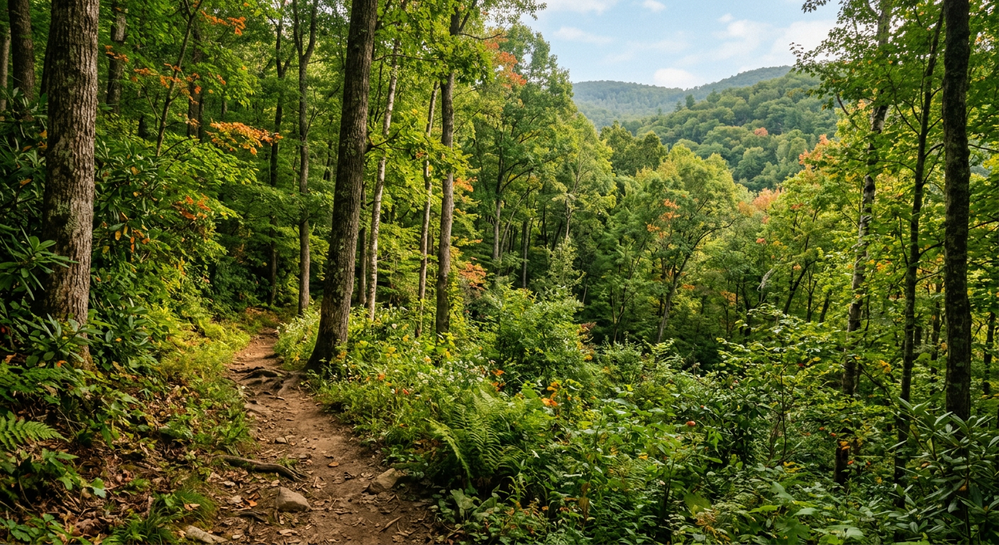A tiny, unpaved dirt trail winding off into the dense green Appalachian forest