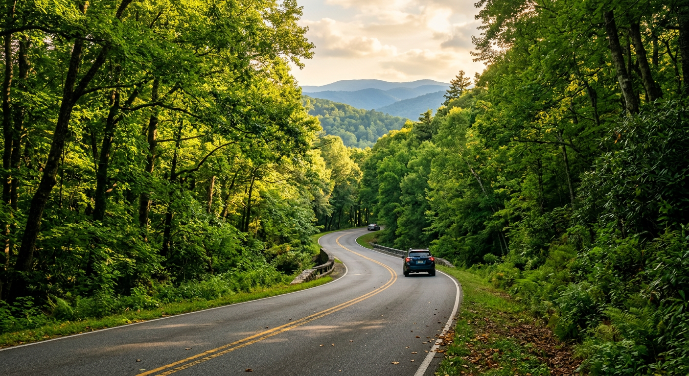 A dense green forest canopy covering a two-lane mountain road near Asheville
