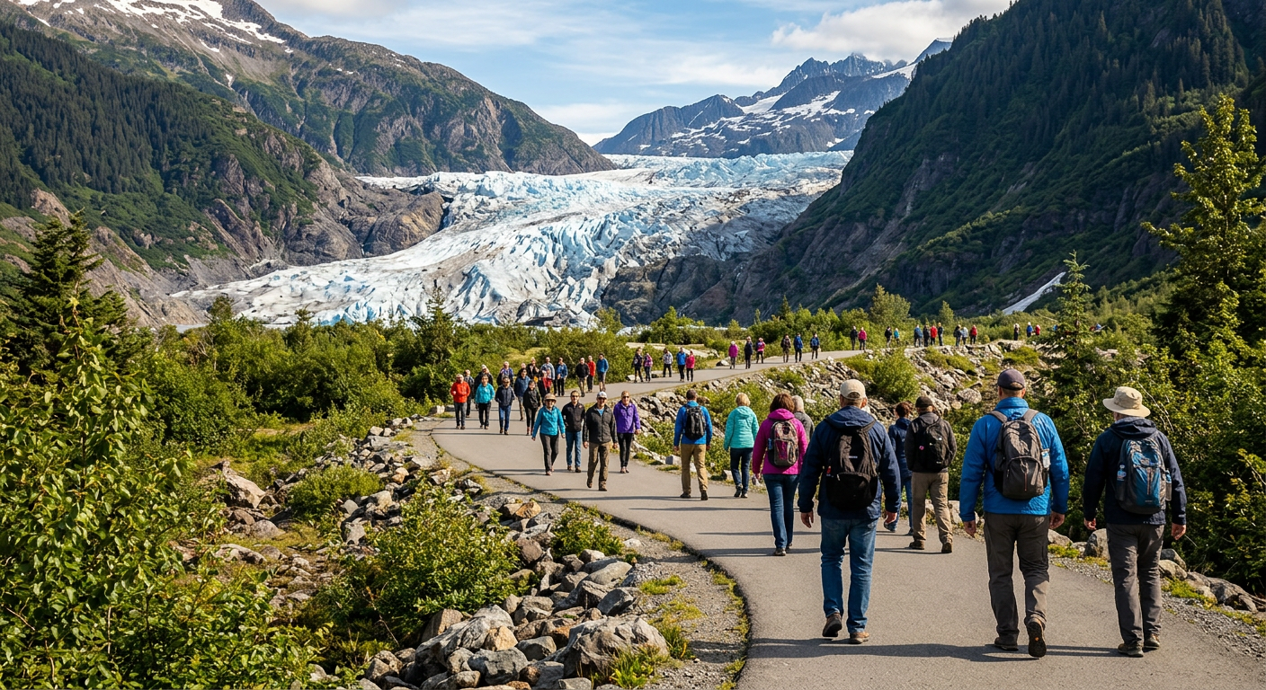 Crowds of tourists walking on the paved paths near Exit Glacier in Kenai Fjords National Park