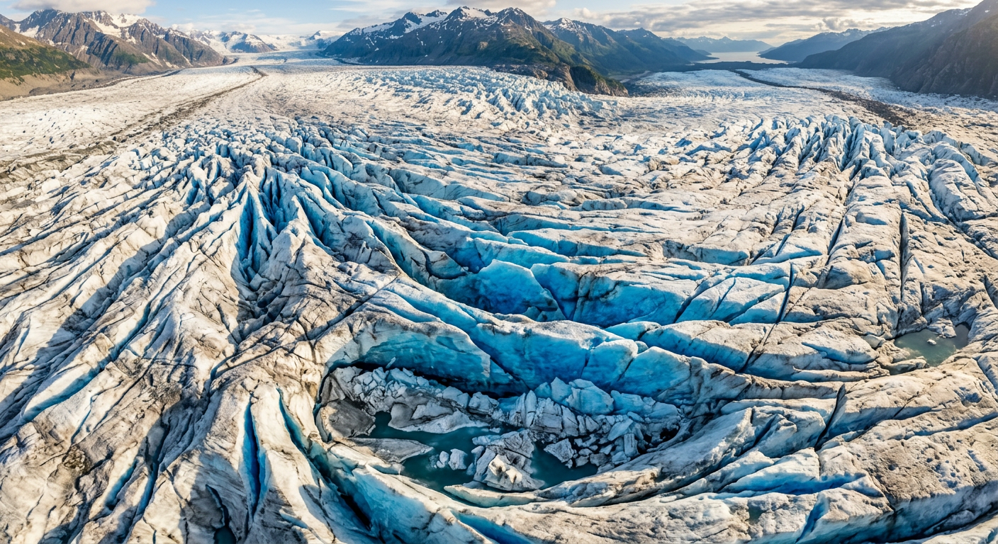 Aerial view looking straight down at deep blue crevasses on an Alaskan glacier