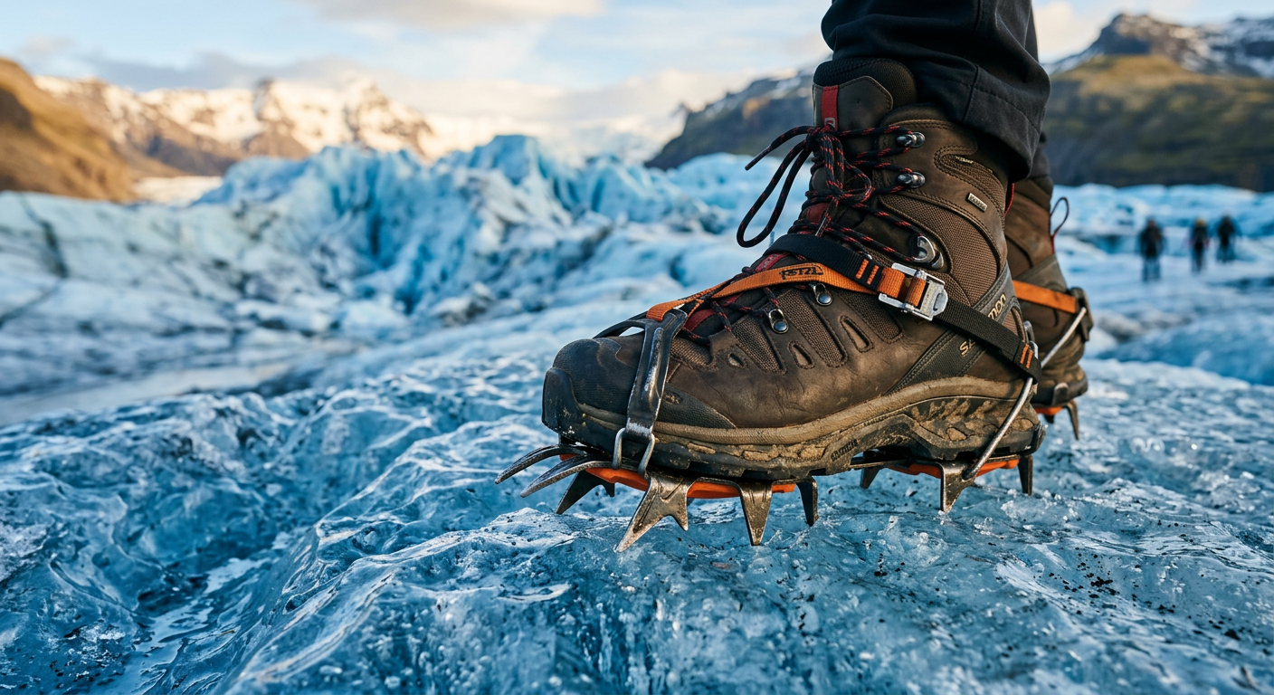 A close-up of heavy steel crampons strapped onto modern hiking boots resting on blue glacier ice