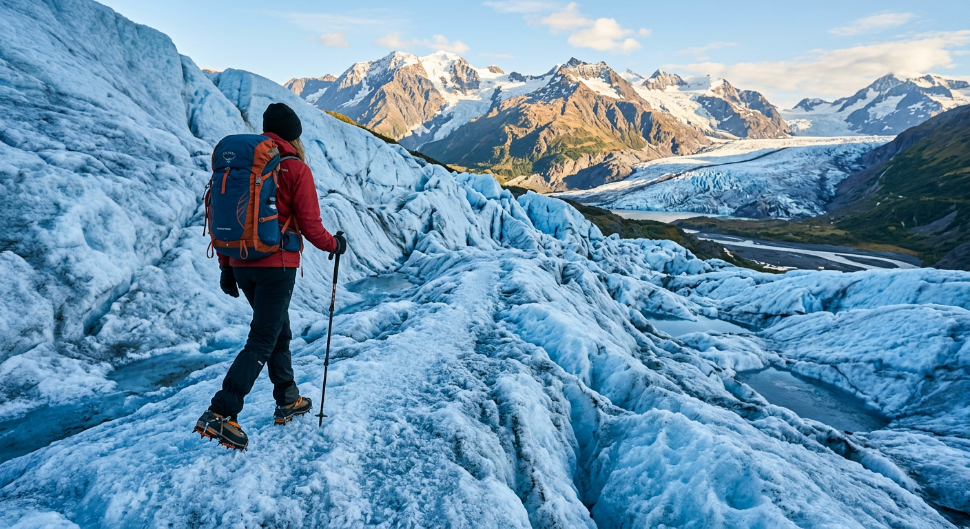 A hiker in crampons walking across a textured blue glacier surface near Seward Alaska