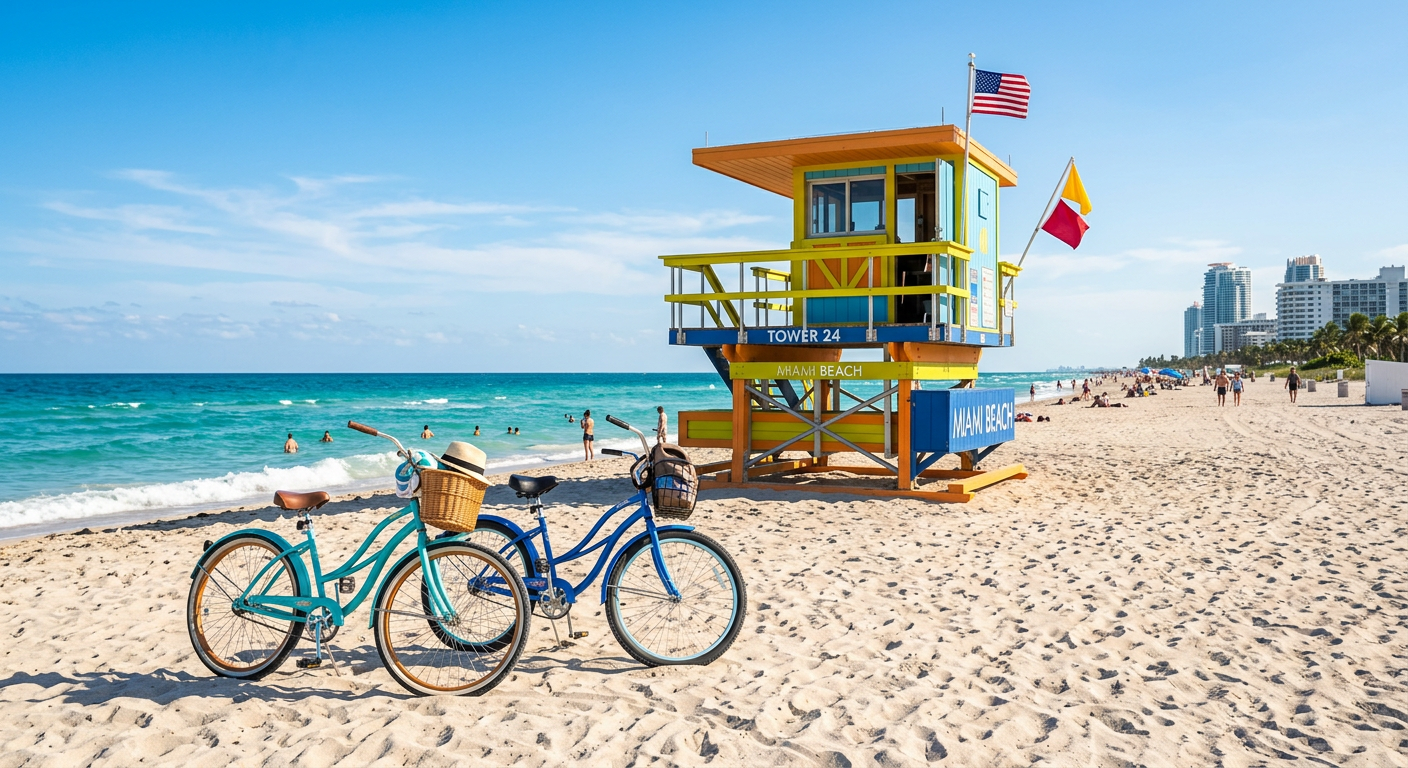 Two bicycles parked on the sand in front of a Miami Beach lifeguard tower with clear blue water in the background