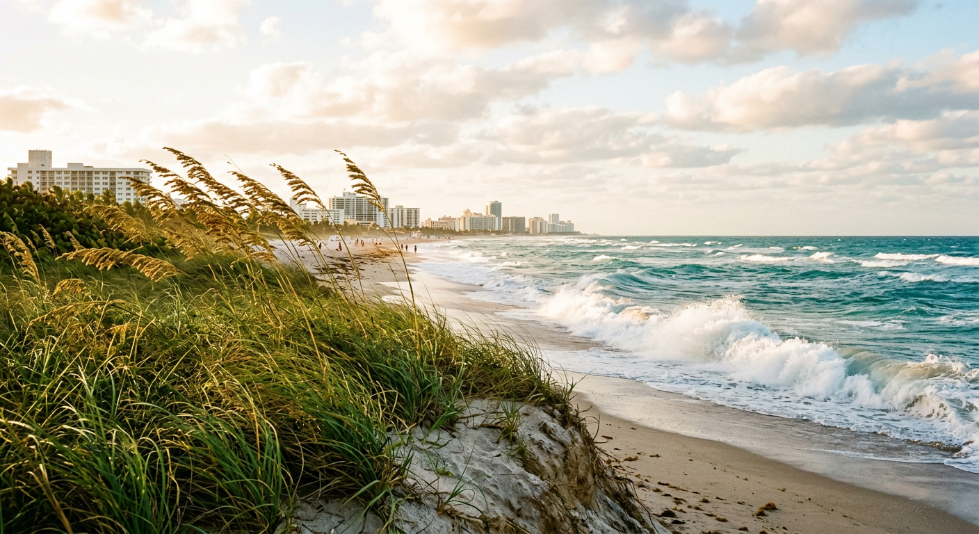Waves breaking on the sand in Miami with wind blowing sea oats on the dunes