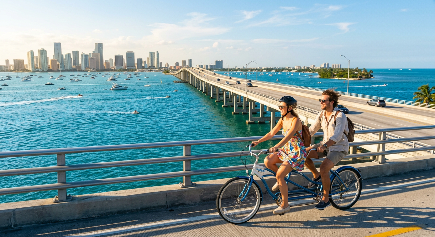 Two people riding a tandem bicycle over a large bridge overlooking bright blue ocean water in Miami