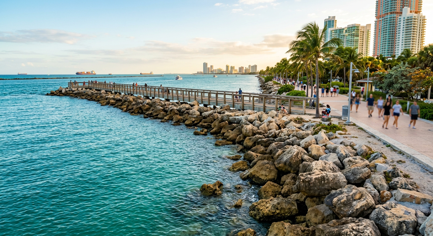 Calm teal water hugging the rocky coastal jetty at South Pointe Park in Miami