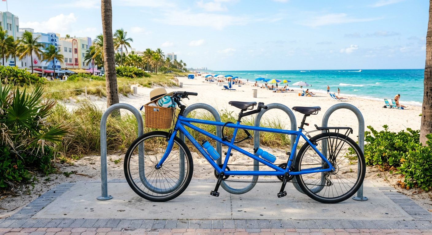 A bright blue tandem bike parked at a wide U-rack near the white sand and turquoise water of Miami Beach