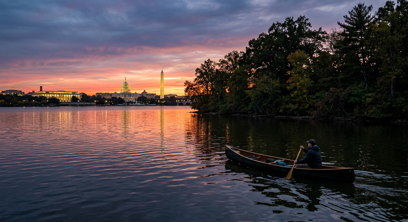 A quiet canoe floating on the dark waters near Roosevelt Island at sunset with the DC skyline in the distance