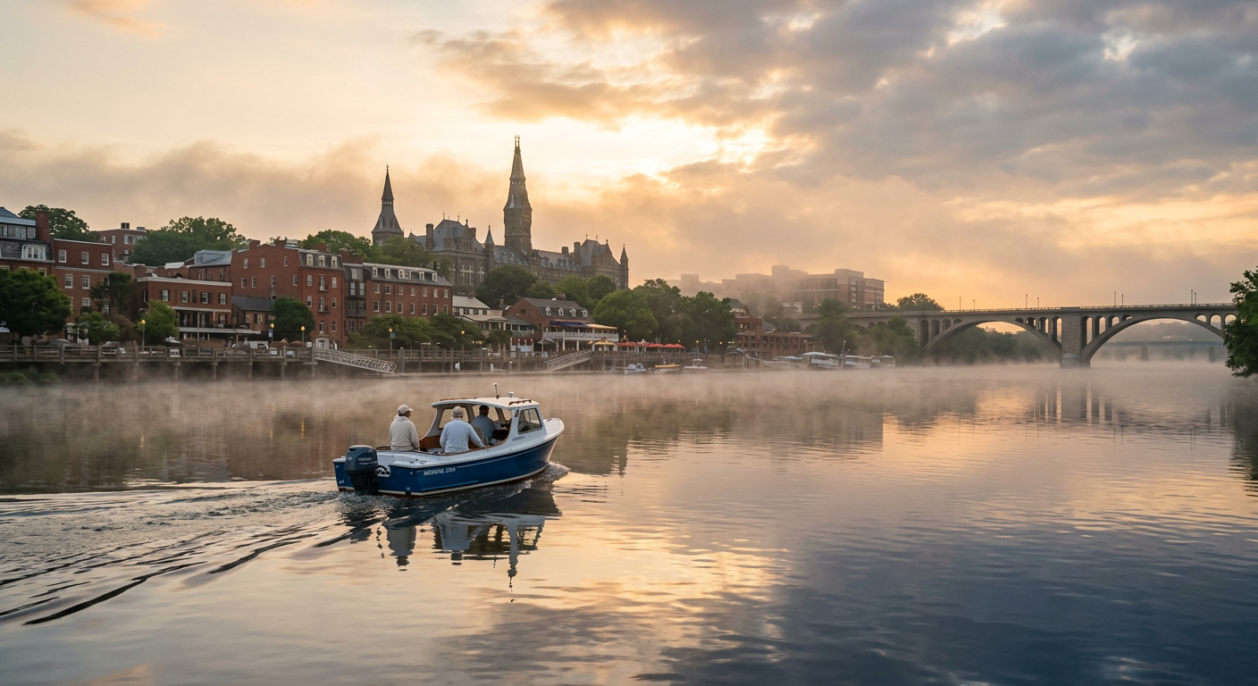 A small motorboat cruising past serene, mist-covered waters near the Georgetown waterfront early in the morning