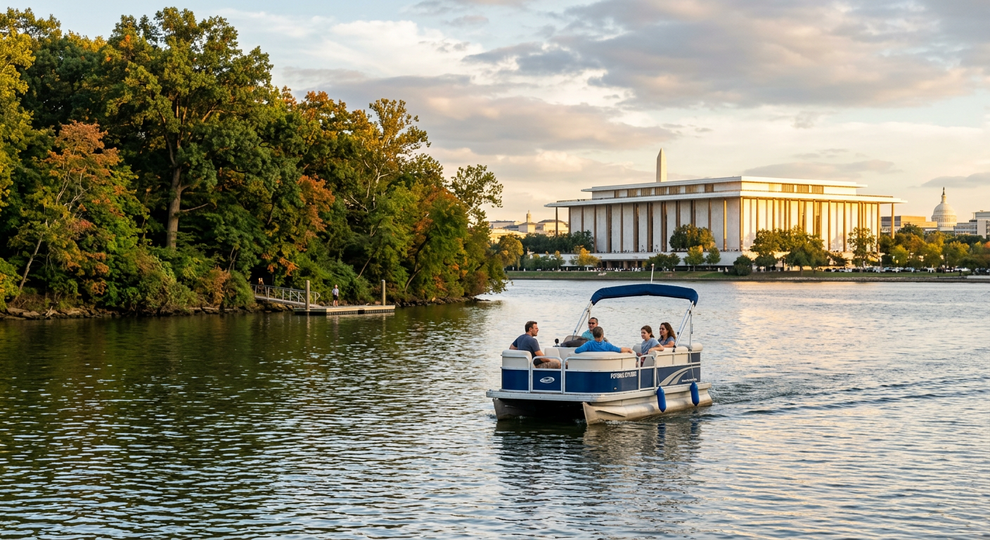 A small rented pontoon boat passing the wooded shores of Theodore Roosevelt Island with the Kennedy Center in the background