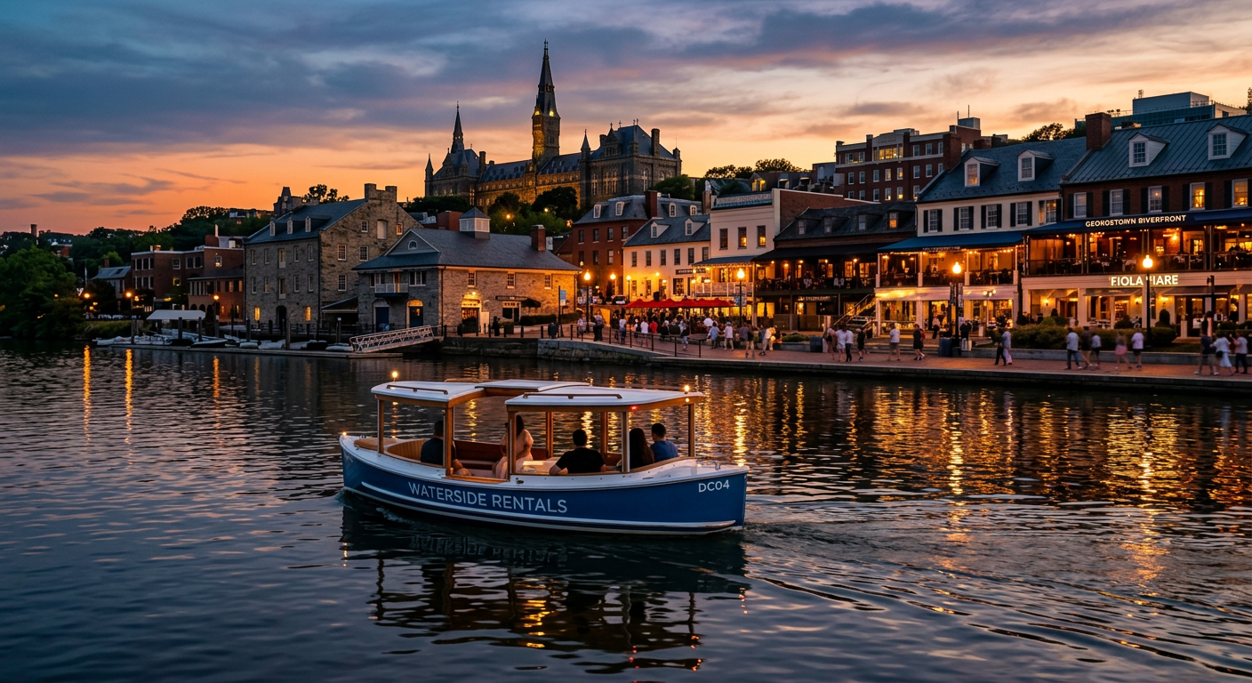 An electric rental boat gliding silently past the Georgetown waterfront at dusk